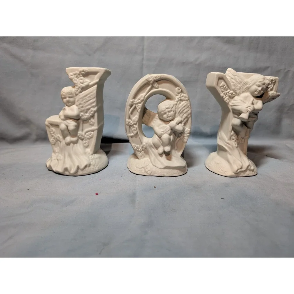 Vintage Angel Cherubs JOY Candle Stick Holders J‎ O Y 3 pc Set Ceramic White